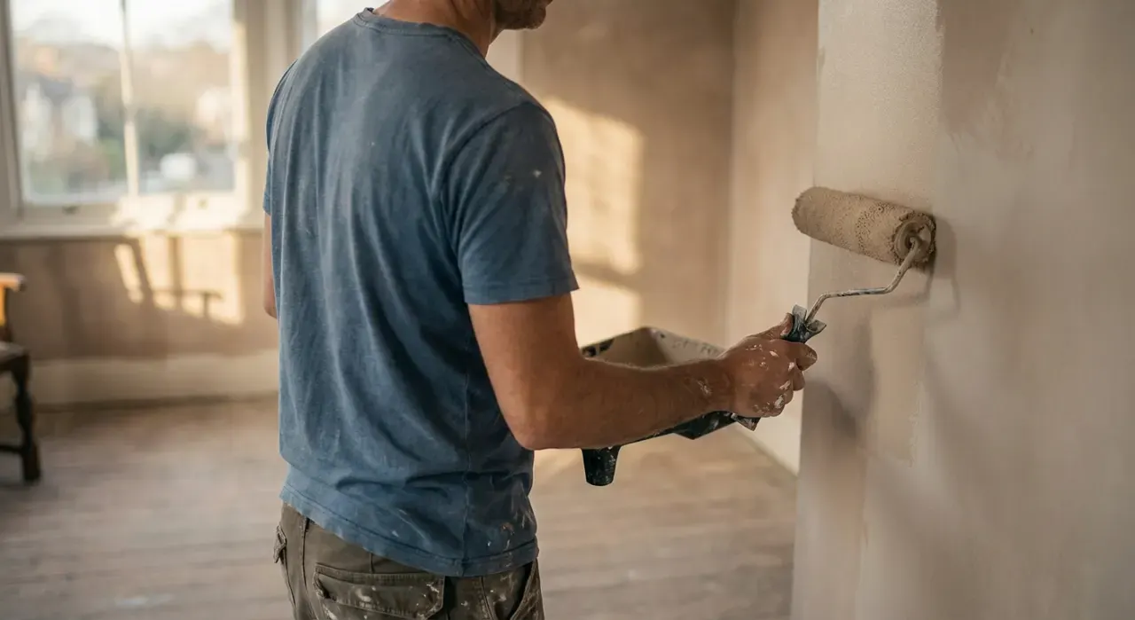 Golden-hour view of a person rolling fresh paint onto an interior wall