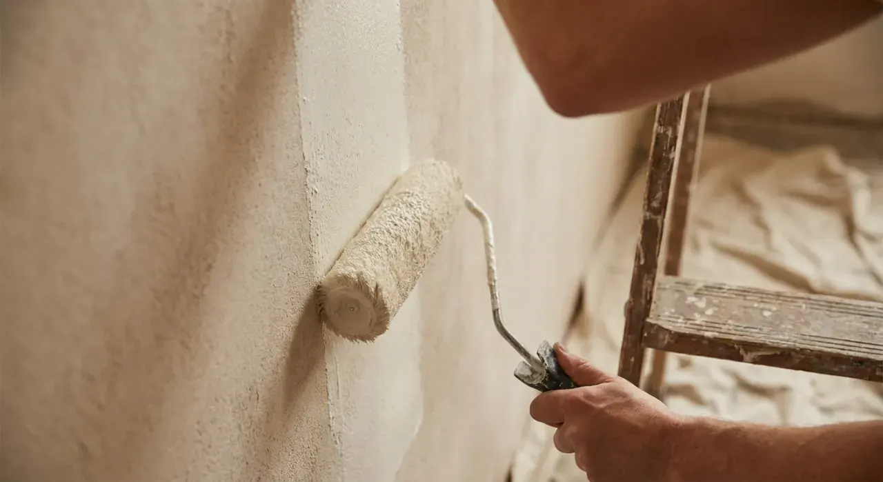 Close-up detail of the material being worked in a paint & walls project, in soft overcast light