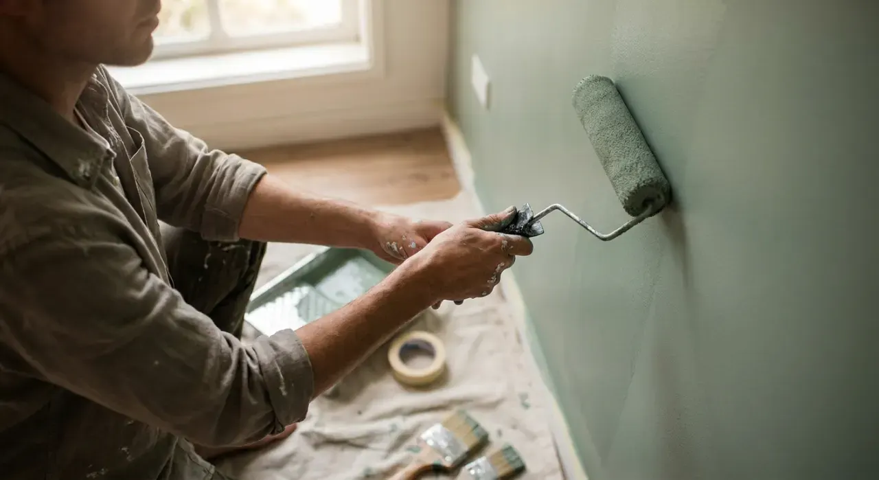 Overhead view of a person rolling fresh paint onto an interior wall, in soft overcast light