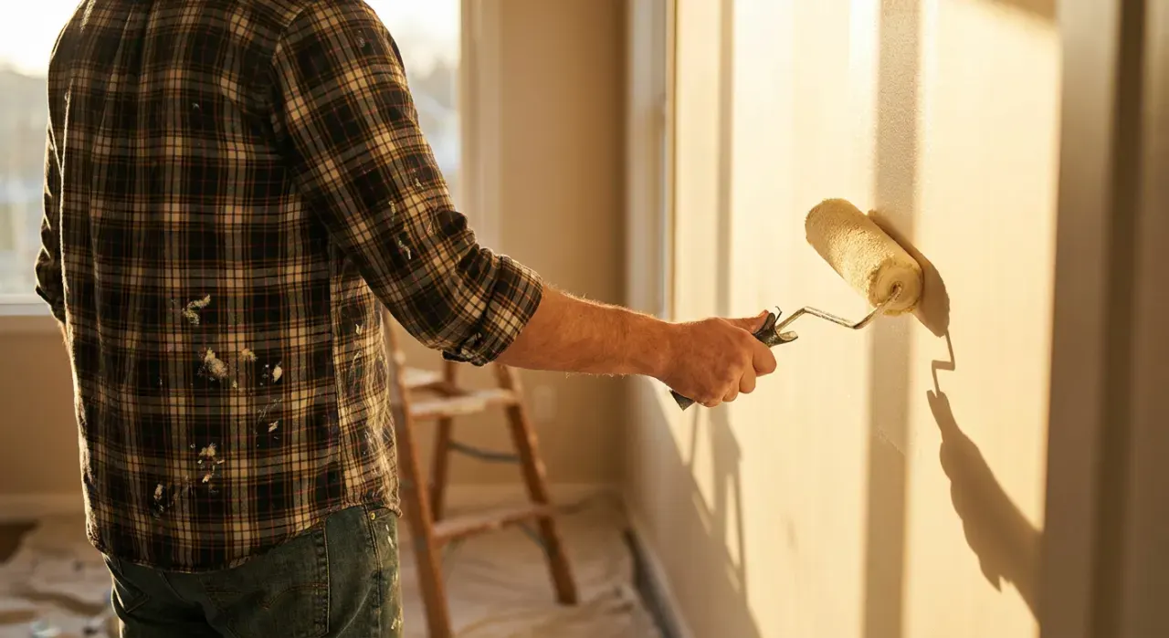 Over-the-shoulder view of a person rolling fresh paint onto an interior wall, in warm late-afternoon light