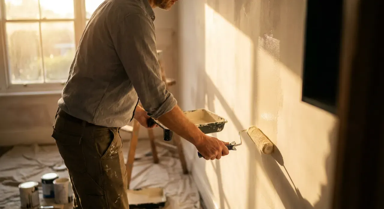 Three-quarter view of a person rolling fresh paint onto an interior wall, in warm late-afternoon light