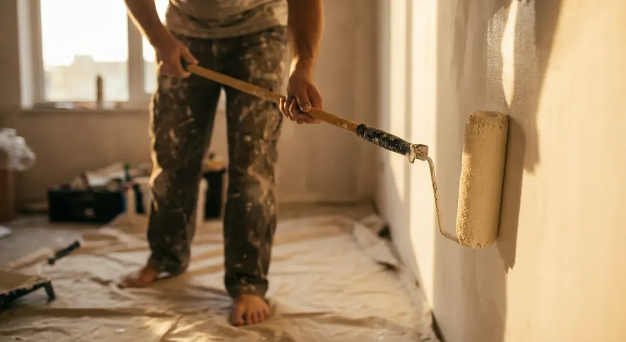 Low-angle view of a person rolling fresh paint onto an interior wall, in warm late-afternoon light