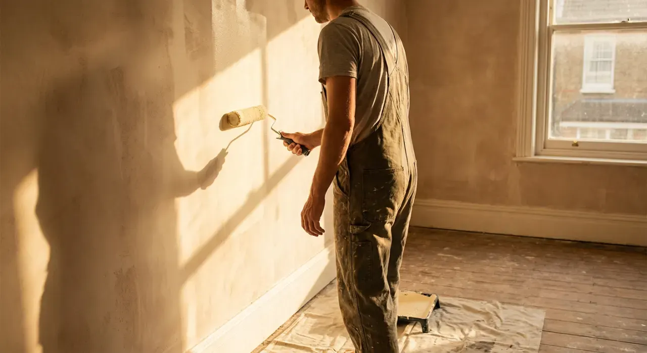 Golden-hour view of a person rolling fresh paint onto an interior wall