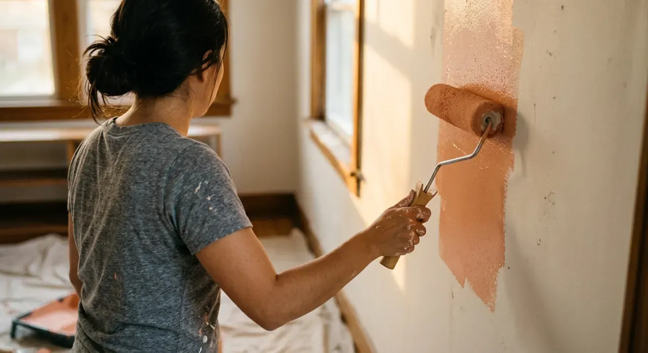 Three-quarter view of a person rolling fresh paint onto an interior wall, in soft early-morning light