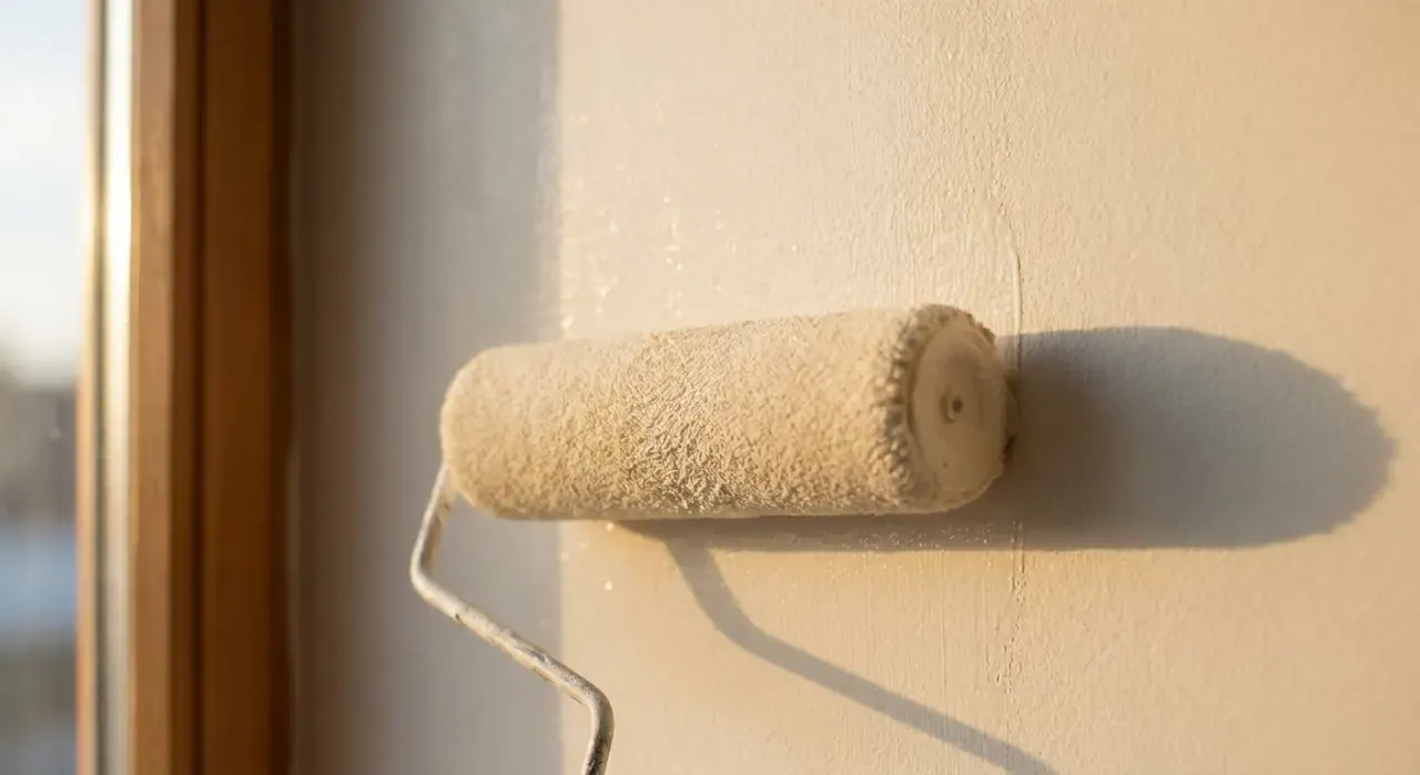 Close-up detail of the material being worked in a paint & walls project, in warm late-afternoon light
