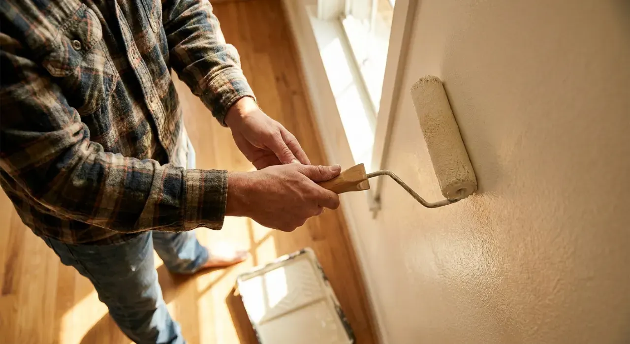 Overhead view of a person rolling fresh paint onto an interior wall, in warm late-afternoon light