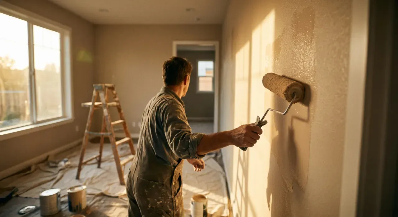 Wide environmental view of a person rolling fresh paint onto an interior wall, in warm late-afternoon light