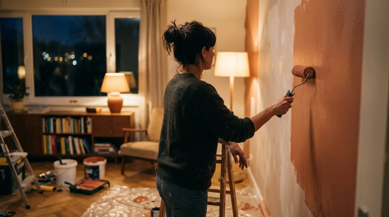 Wide view of a person rolling fresh paint onto an interior wall, in warm evening lamplight