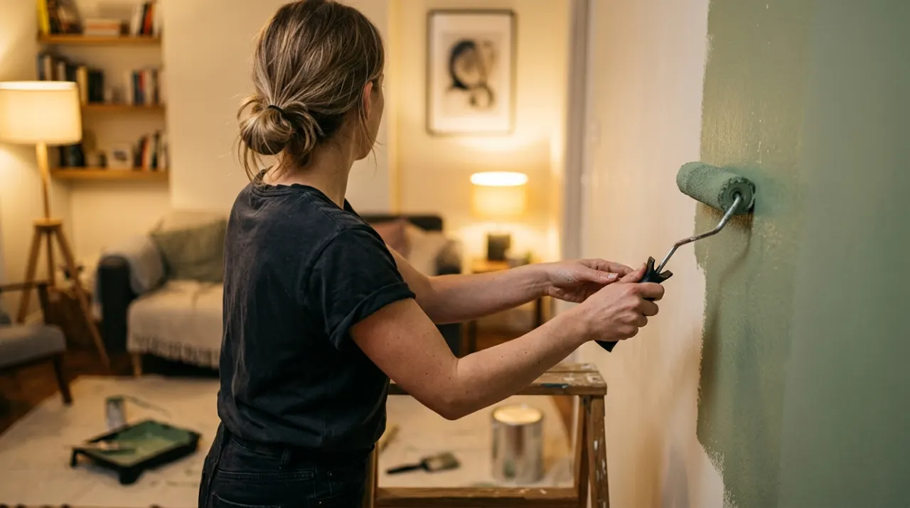 Over-the-shoulder view of a person rolling fresh paint onto an interior wall, in warm evening lamplight