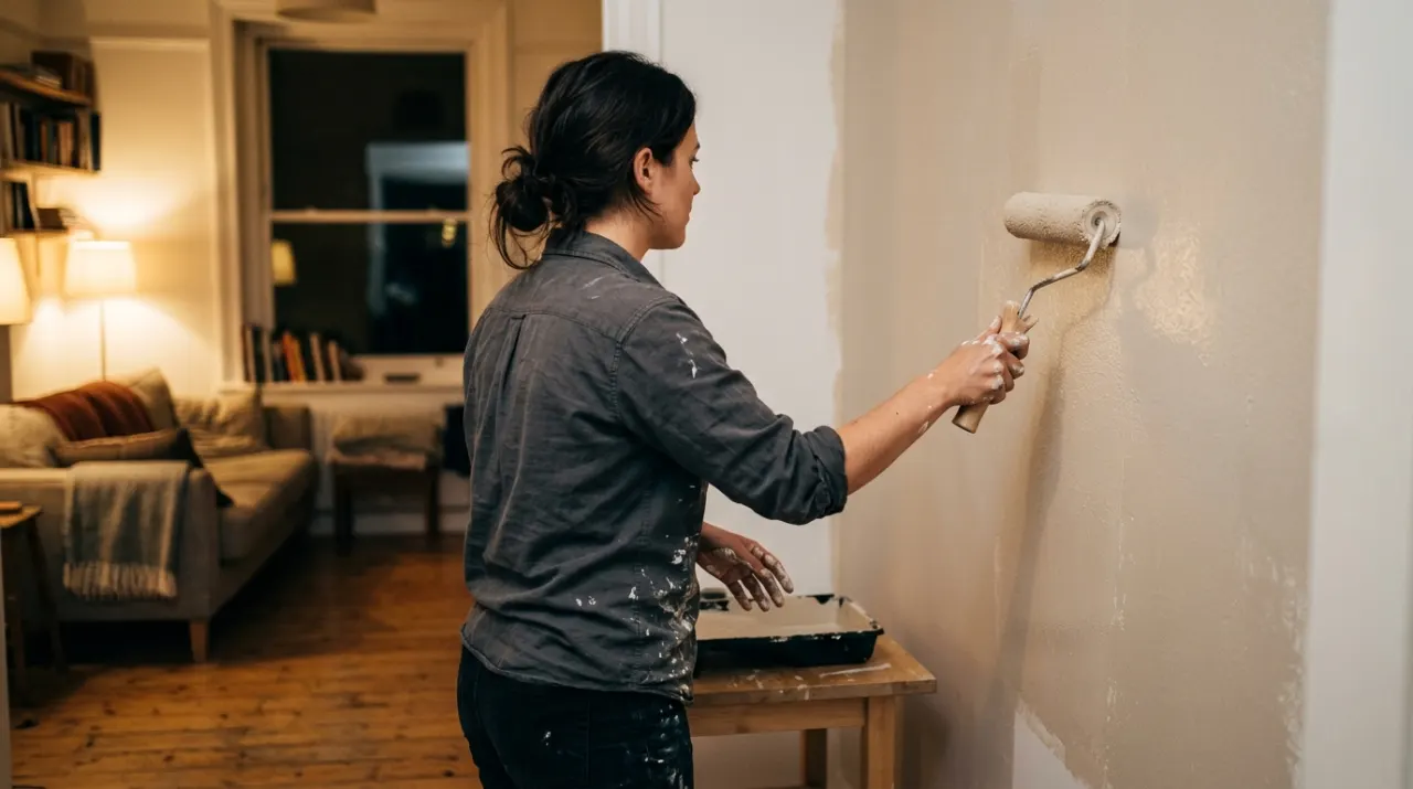 Three-quarter view of a person rolling fresh paint onto an interior wall, in warm evening lamplight