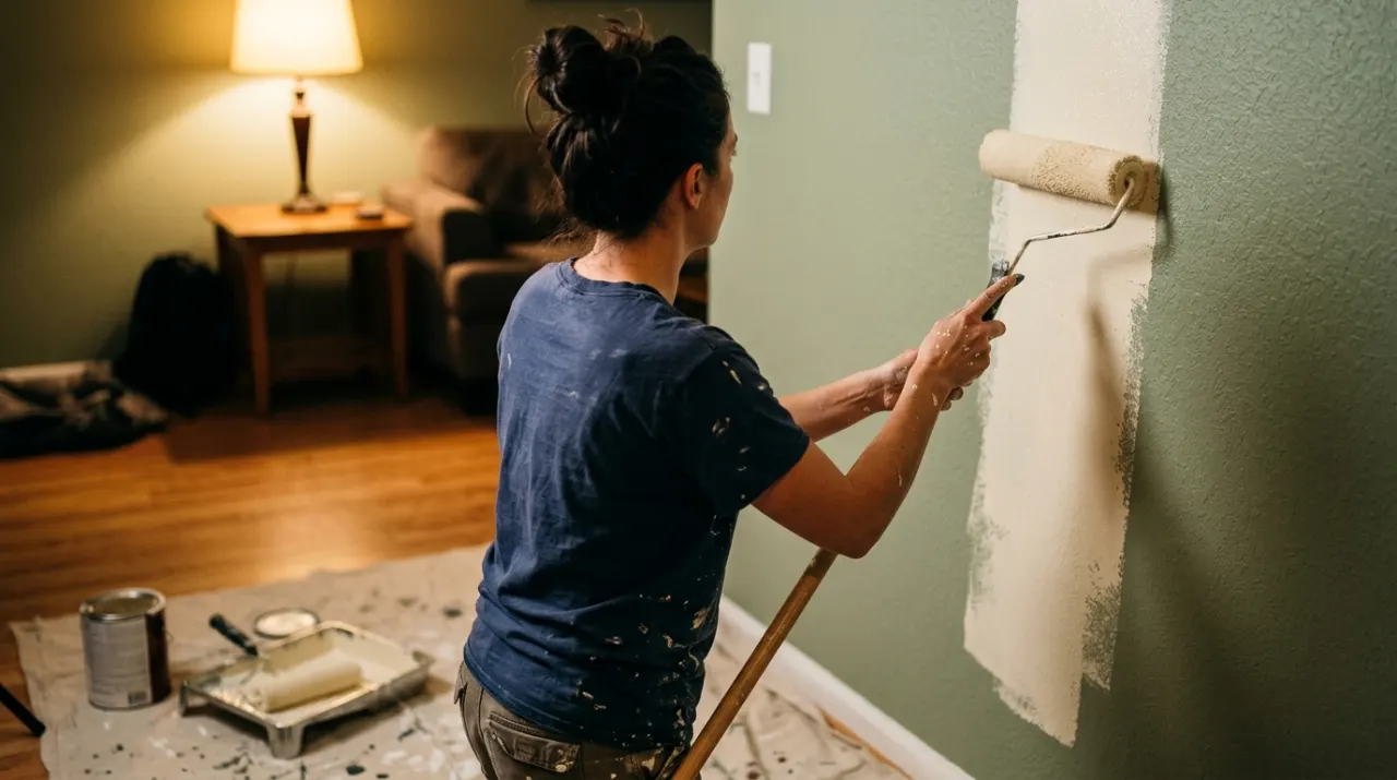 Low-angle view of a person rolling fresh paint onto an interior wall, in warm evening lamplight
