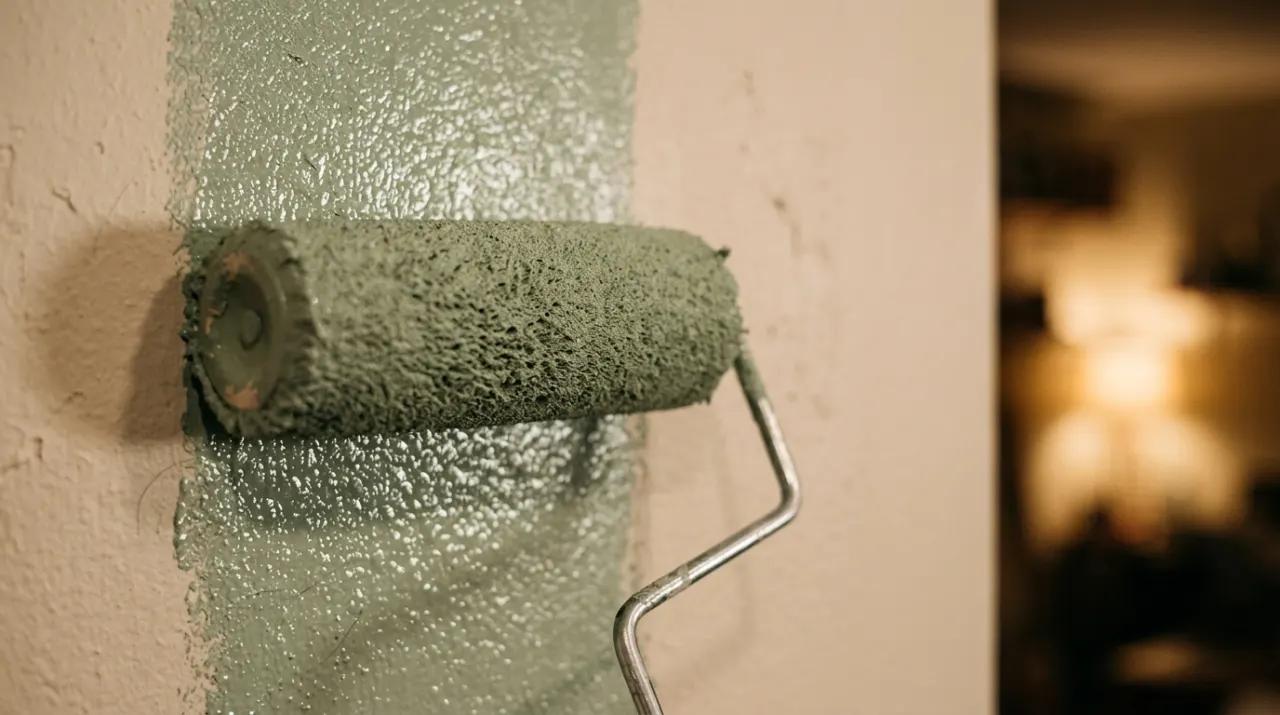 Close-up detail of the material being worked in a paint & walls project, in warm evening lamplight