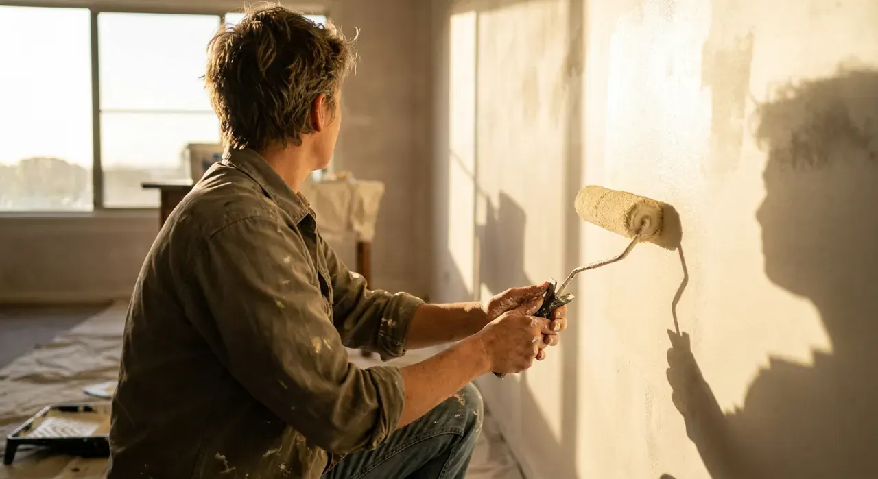 Golden-hour view of a person rolling fresh paint onto an interior wall