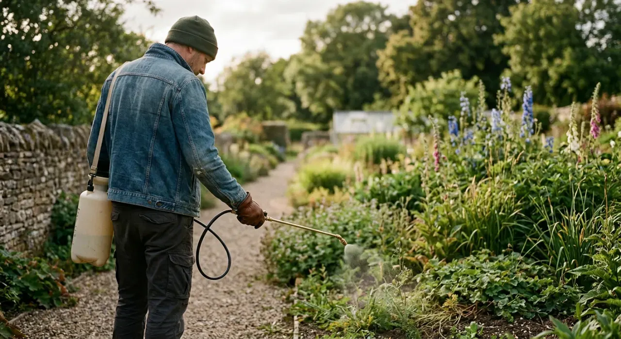 Wide view of a person spraying weed treatment along a garden edge with a pump sprayer, in soft early-morning light