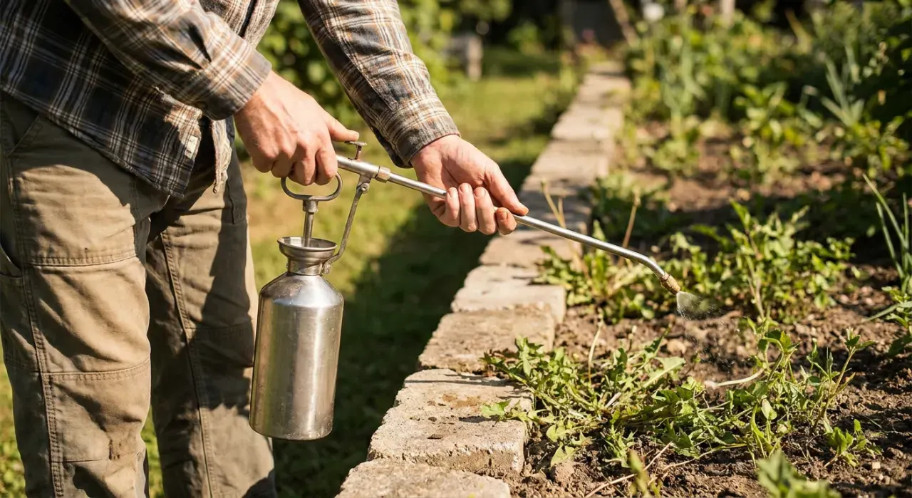 Over-the-shoulder view of a person spraying weed treatment along a garden edge with a pump sprayer, in bright midday sun
