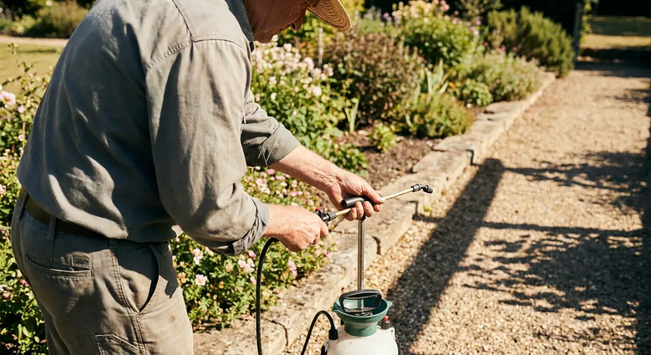 Three-quarter view of a person spraying weed treatment along a garden edge with a pump sprayer, in bright midday sun