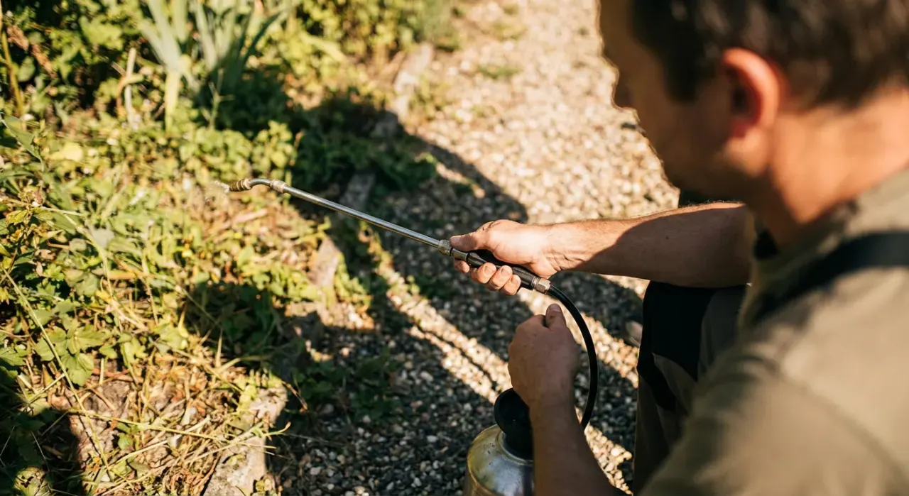 Low-angle view of a person spraying weed treatment along a garden edge with a pump sprayer, in bright midday sun