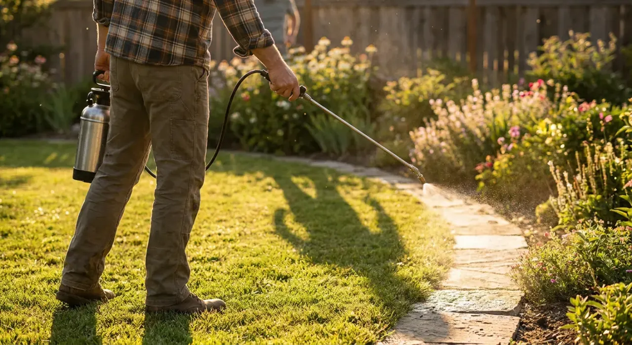 Golden-hour view of a person spraying weed treatment along a garden edge with a pump sprayer