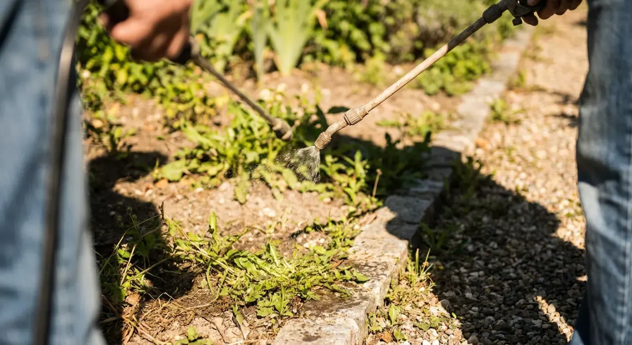 Close-up detail of the material being worked in a pest & weed control project, in bright midday sun