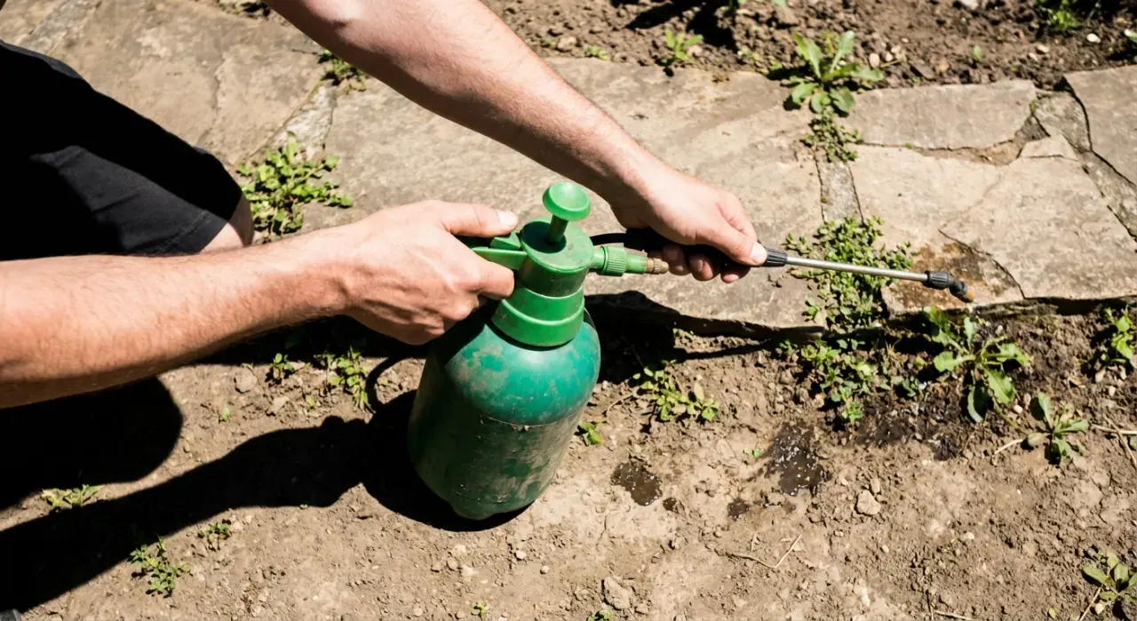 Overhead view of a person spraying weed treatment along a garden edge with a pump sprayer, in bright midday sun