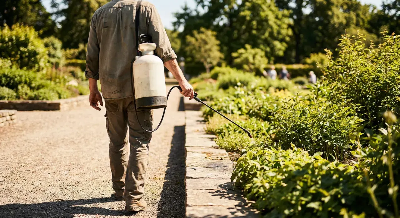 Wide environmental view of a person spraying weed treatment along a garden edge with a pump sprayer, in bright midday sun