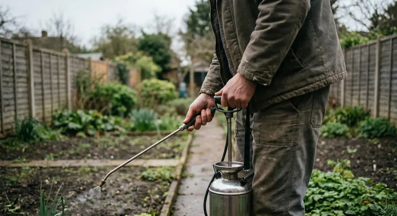 Wide view of a person spraying weed treatment along a garden edge with a pump sprayer, in soft overcast light