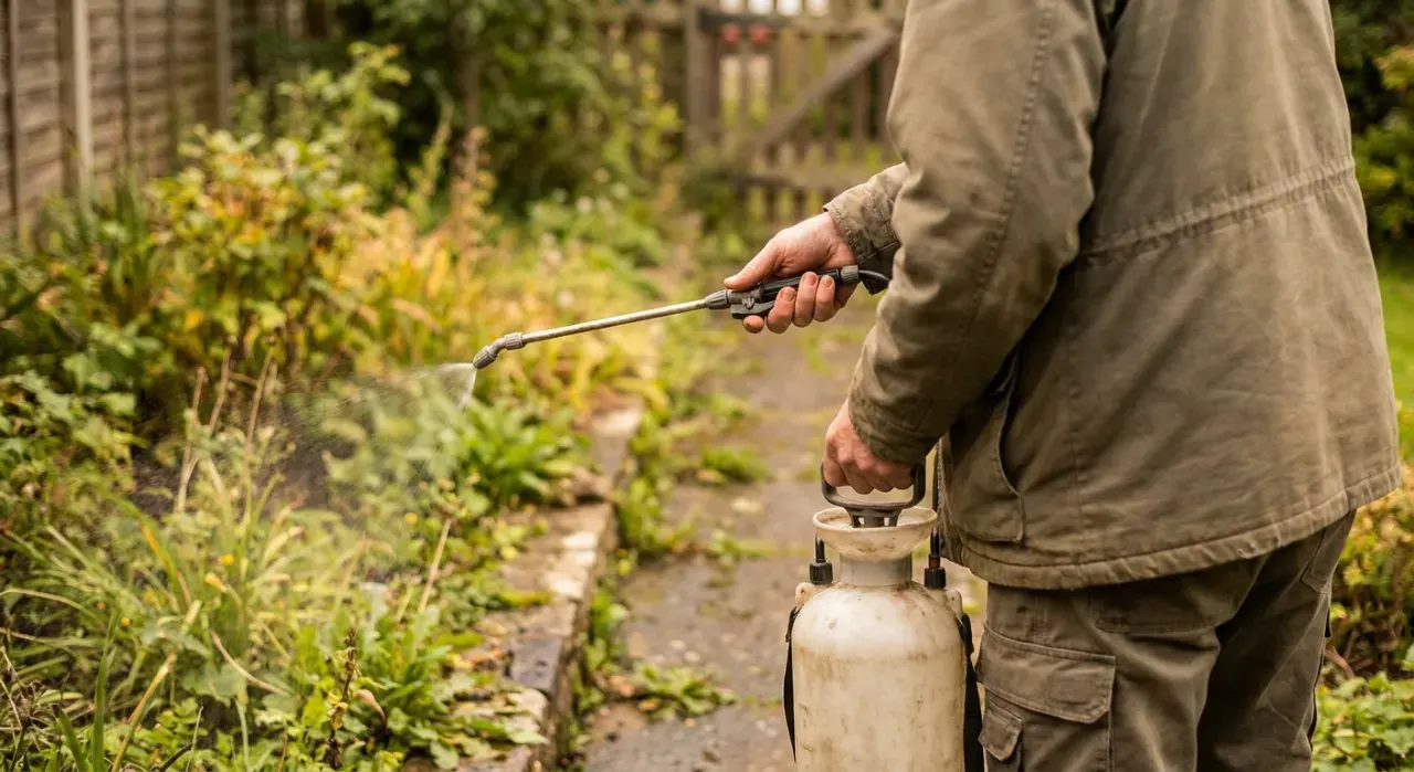 Over-the-shoulder view of a person spraying weed treatment along a garden edge with a pump sprayer, in soft overcast light