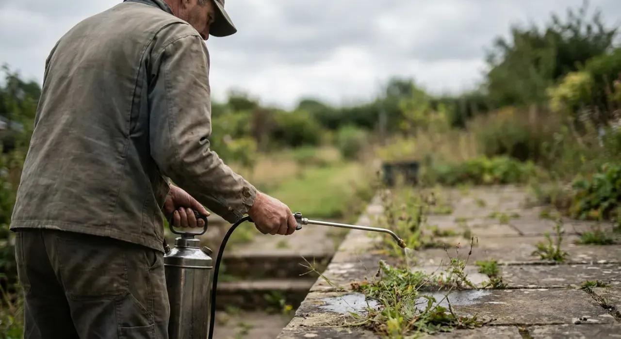 Three-quarter view of a person spraying weed treatment along a garden edge with a pump sprayer, in soft overcast light