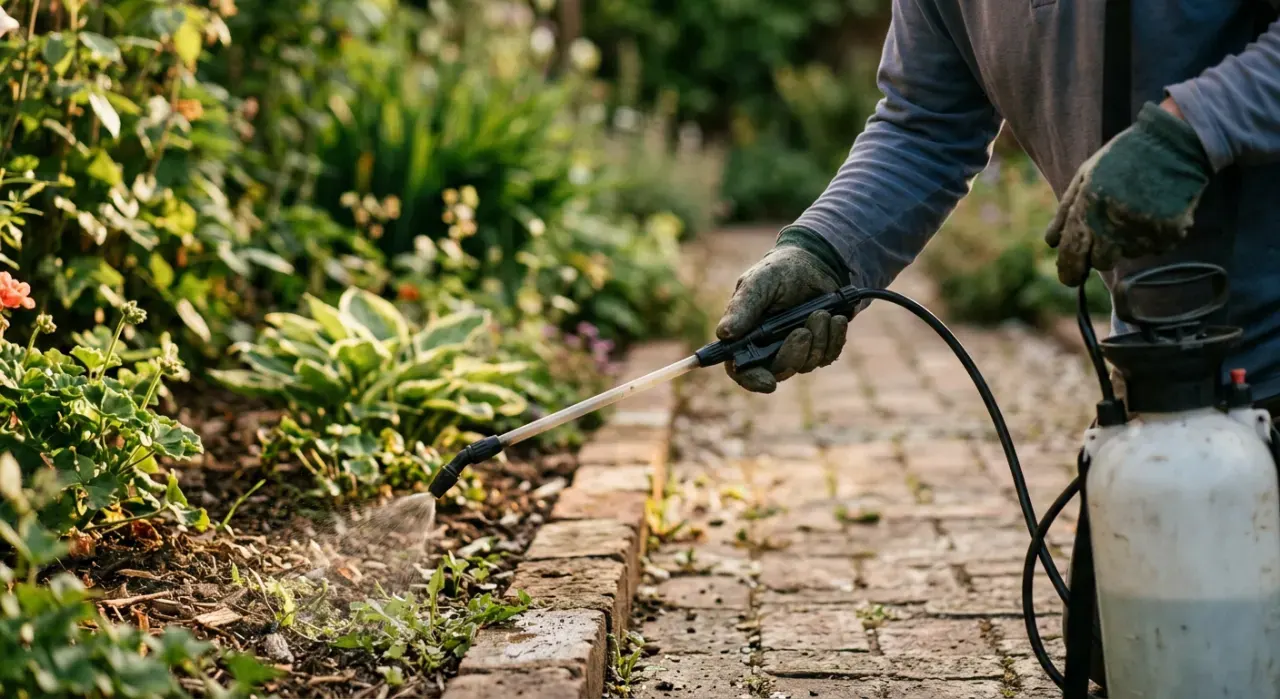 Over-the-shoulder view of a person spraying weed treatment along a garden edge with a pump sprayer, in soft early-morning light