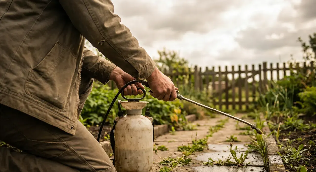 Low-angle view of a person spraying weed treatment along a garden edge with a pump sprayer, in soft overcast light