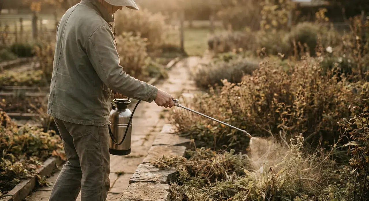 Golden-hour view of a person spraying weed treatment along a garden edge with a pump sprayer