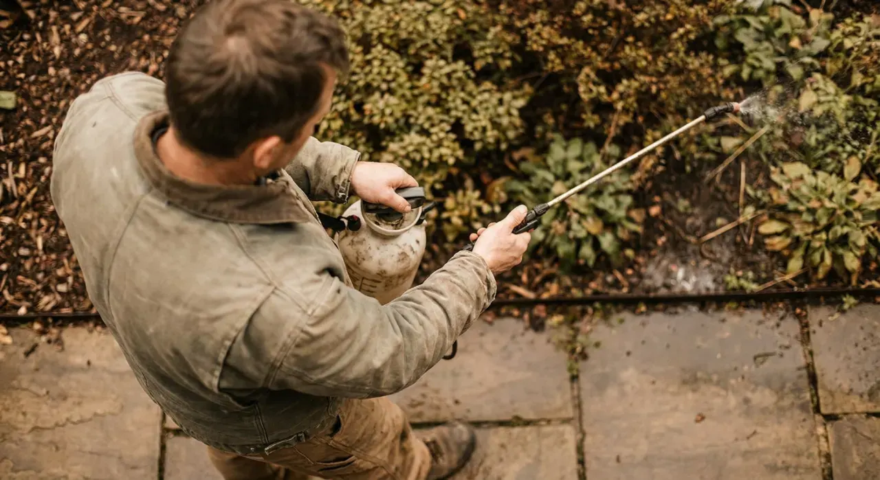 Overhead view of a person spraying weed treatment along a garden edge with a pump sprayer, in soft overcast light