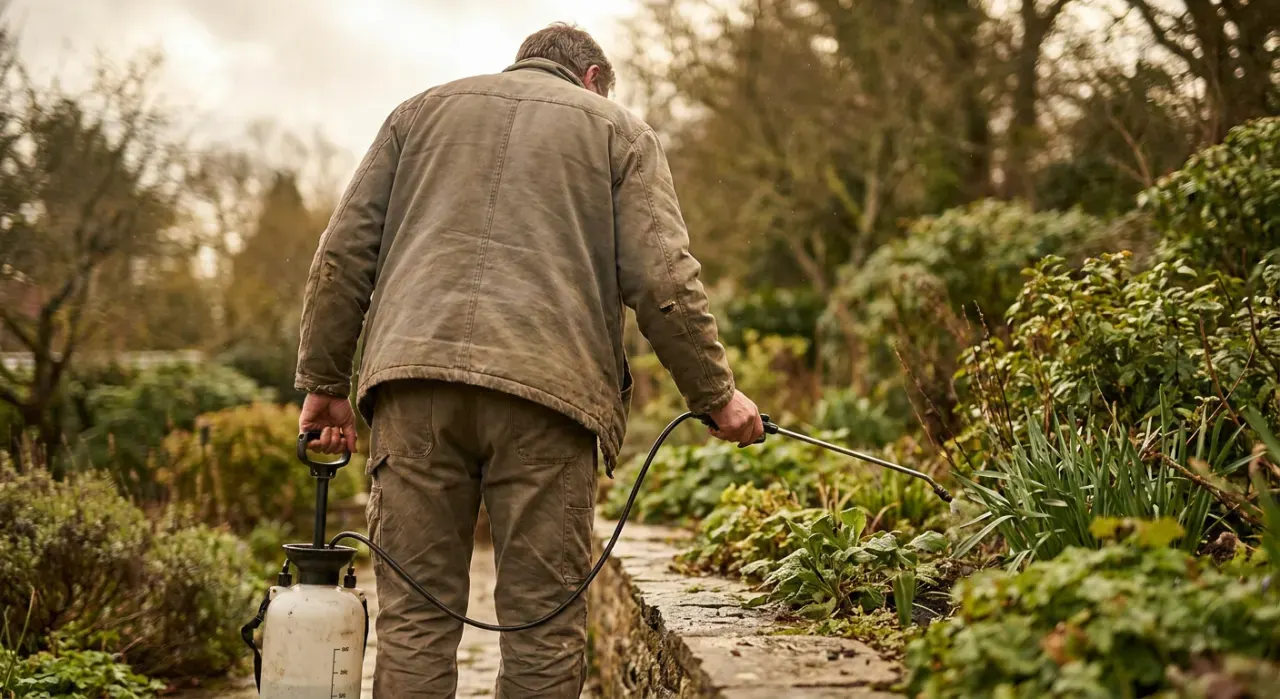 Wide environmental view of a person spraying weed treatment along a garden edge with a pump sprayer, in soft overcast light