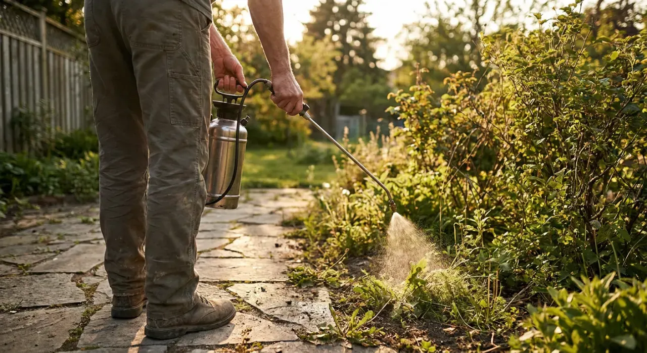 Over-the-shoulder view of a person spraying weed treatment along a garden edge with a pump sprayer, in warm late-afternoon light