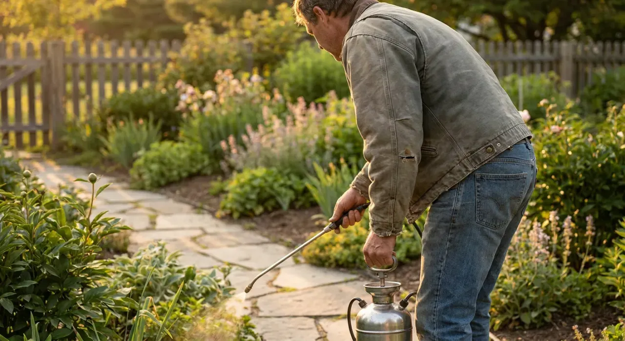 Three-quarter view of a person spraying weed treatment along a garden edge with a pump sprayer, in warm late-afternoon light