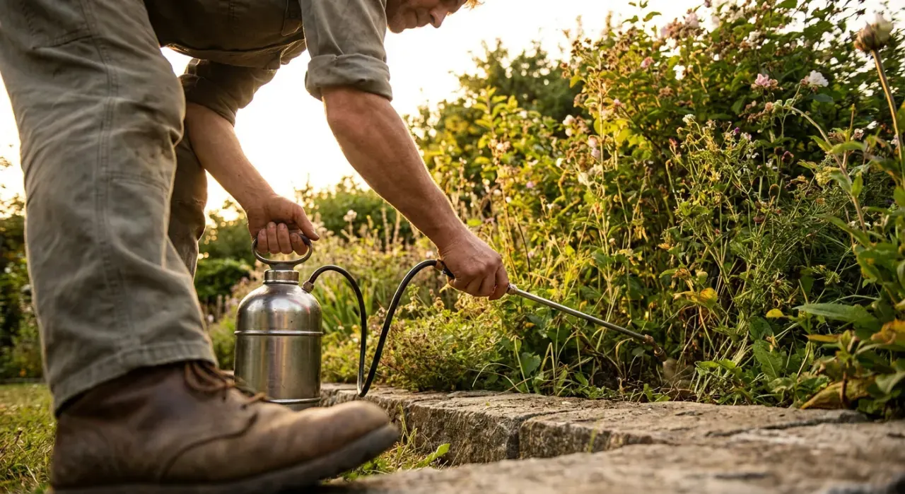 Low-angle view of a person spraying weed treatment along a garden edge with a pump sprayer, in warm late-afternoon light