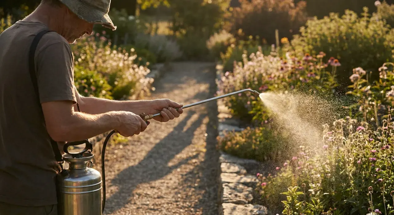 Golden-hour view of a person spraying weed treatment along a garden edge with a pump sprayer