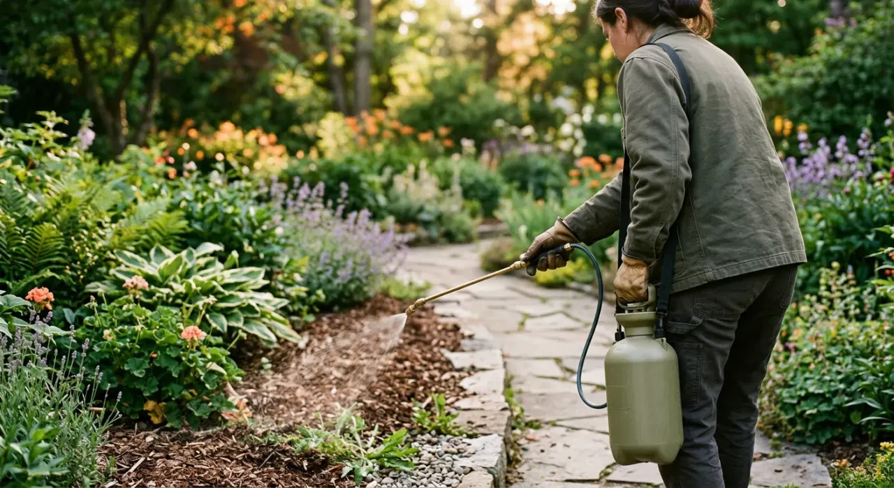 Three-quarter view of a person spraying weed treatment along a garden edge with a pump sprayer, in soft early-morning light