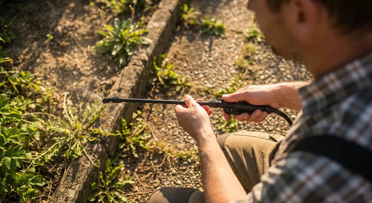 Overhead view of a person spraying weed treatment along a garden edge with a pump sprayer, in warm late-afternoon light