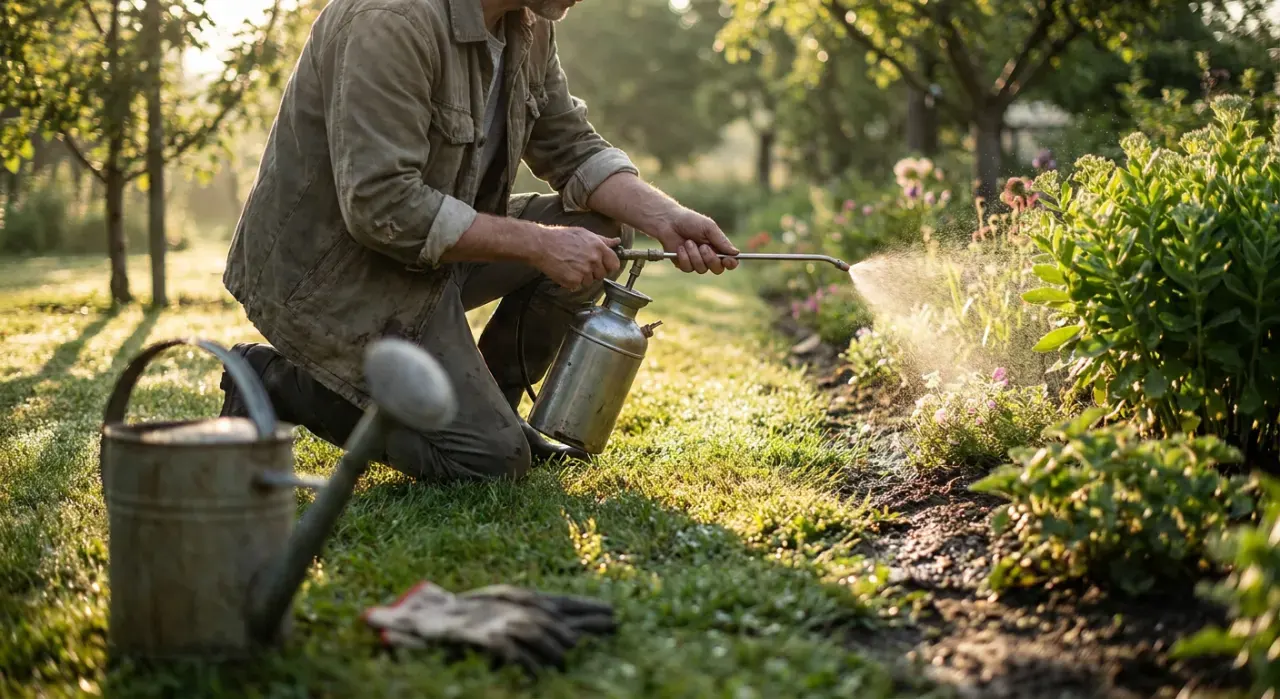 Low-angle view of a person spraying weed treatment along a garden edge with a pump sprayer, in soft early-morning light