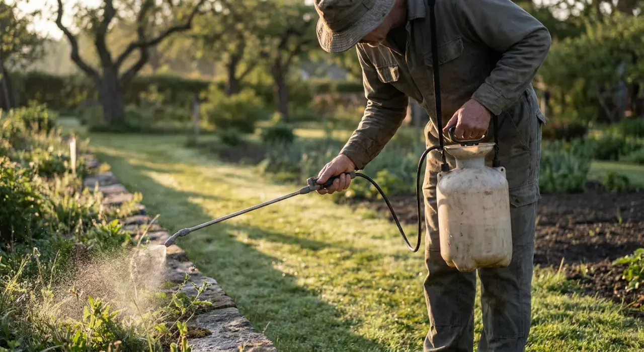 Golden-hour view of a person spraying weed treatment along a garden edge with a pump sprayer