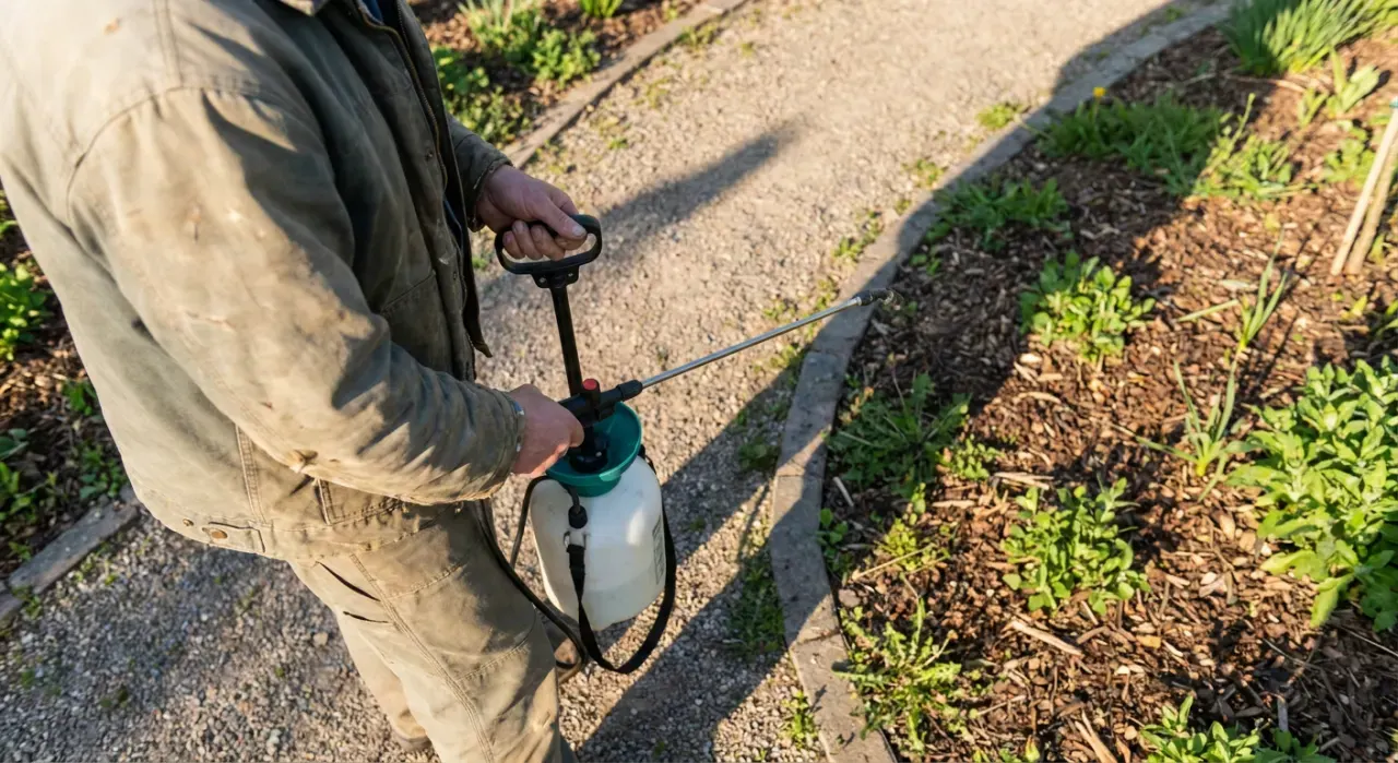 Overhead view of a person spraying weed treatment along a garden edge with a pump sprayer, in soft early-morning light
