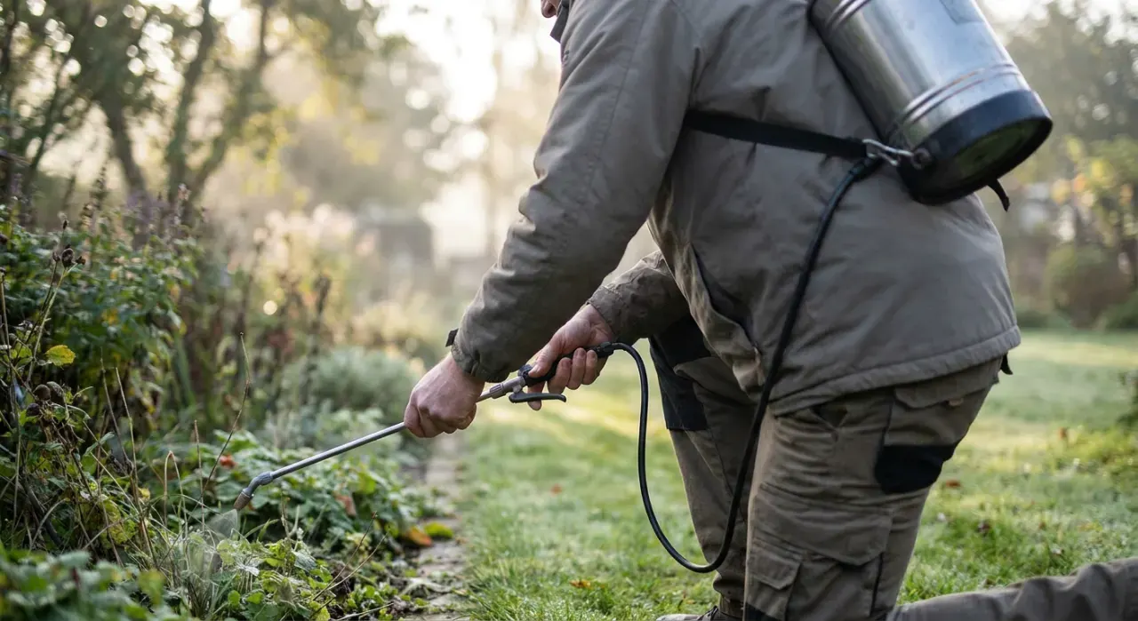 Wide environmental view of a person spraying weed treatment along a garden edge with a pump sprayer, in soft early-morning light
