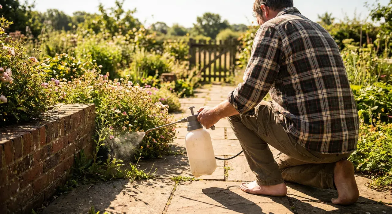 Wide view of a person spraying weed treatment along a garden edge with a pump sprayer, in bright midday sun