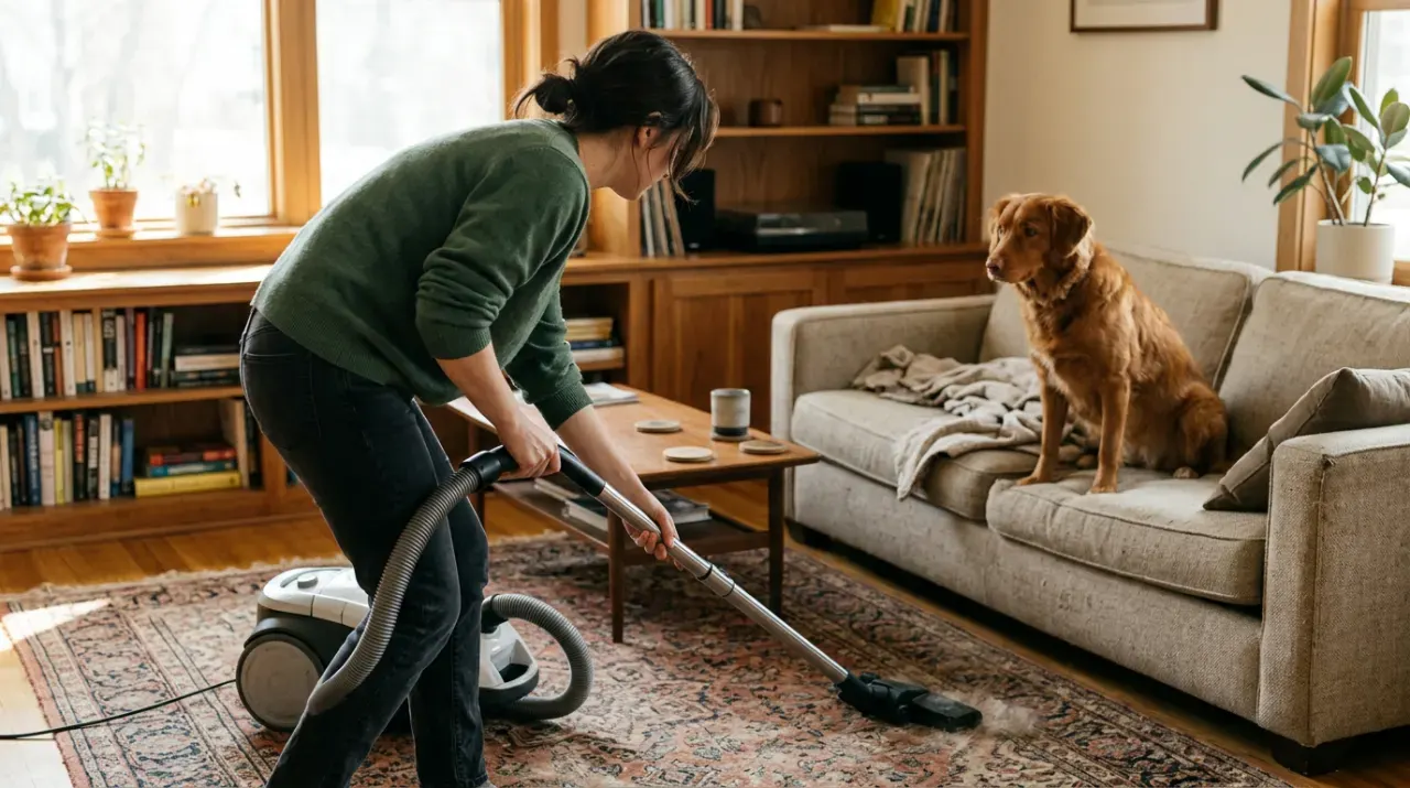 Wide view of a person vacuuming pet hair from a rug while a dog watches from a couch, in soft early-morning light