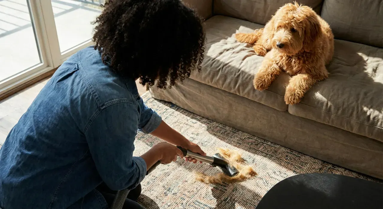 Over-the-shoulder view of a person vacuuming pet hair from a rug while a dog watches from a couch, in bright midday sun