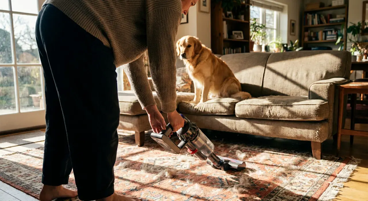 Three-quarter view of a person vacuuming pet hair from a rug while a dog watches from a couch, in bright midday sun