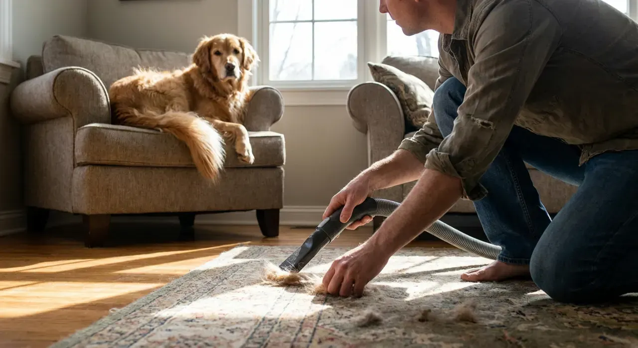 Low-angle view of a person vacuuming pet hair from a rug while a dog watches from a couch, in bright midday sun