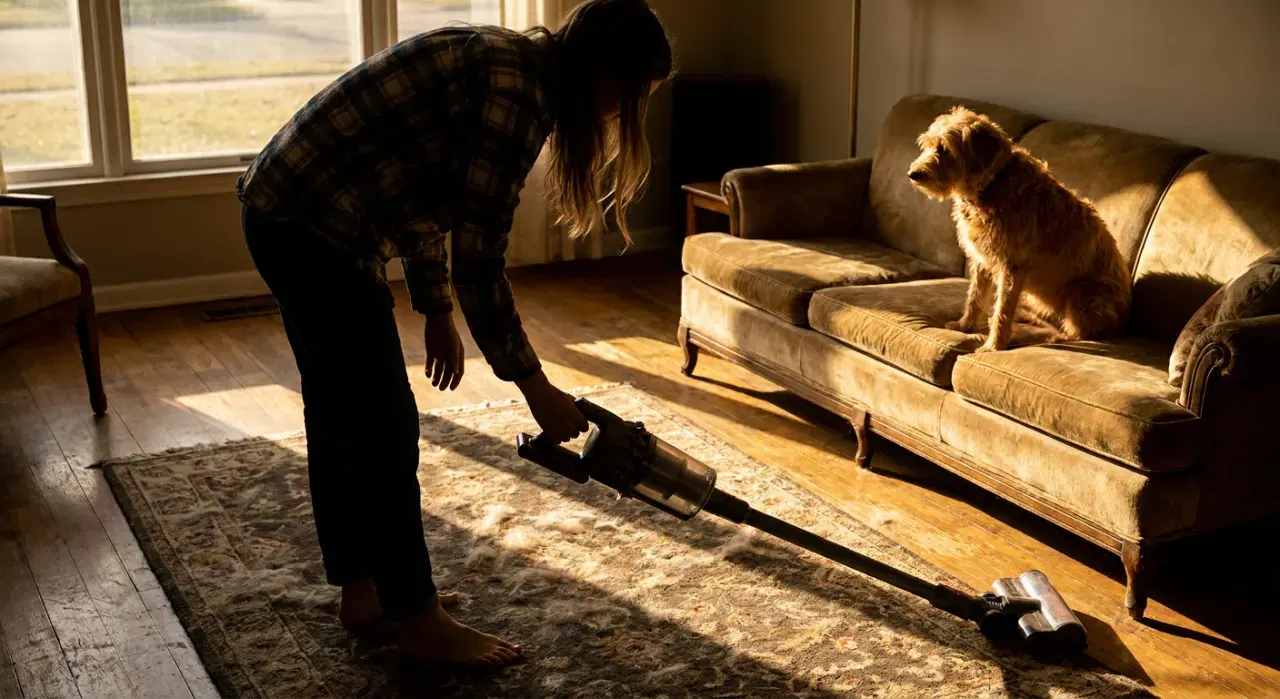 Golden-hour view of a person vacuuming pet hair from a rug while a dog watches from a couch