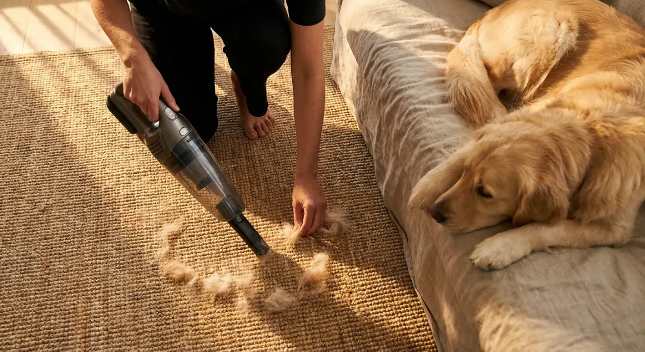 Overhead view of a person vacuuming pet hair from a rug while a dog watches from a couch, in bright midday sun